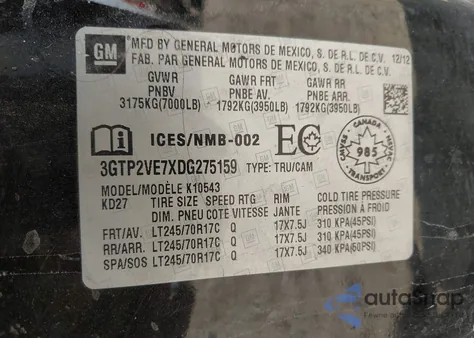 2013 GMC Sierra 1500 Sle from USA, damaged, VIN 3GTP2VE7XDG275159